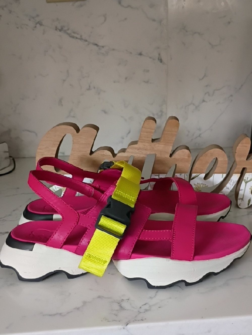 Sorel Women's Hot Pink Sandals with Neon Yellow Buckle Strap